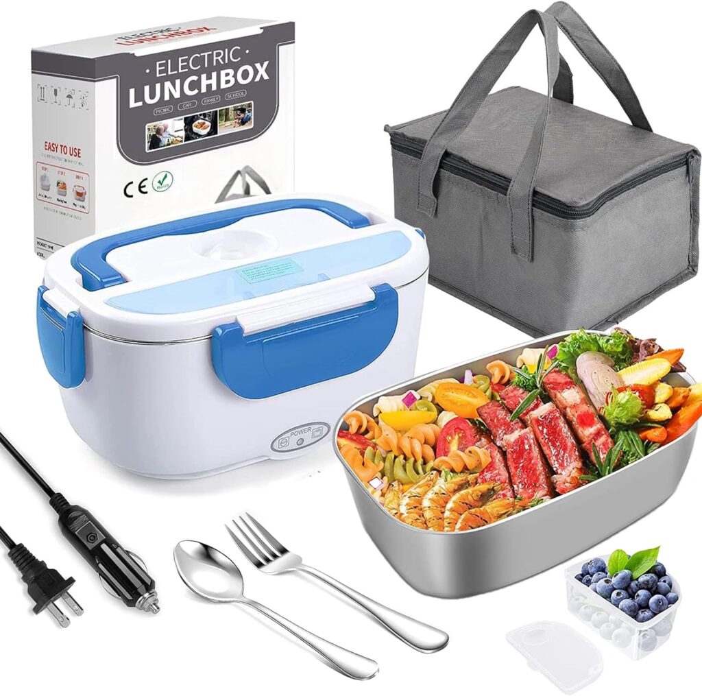 MIYGNDSZ Electric Lunch Box Food Heater 3-In-1 60W Self-Heating Lunchbox for Car Truck Home, Portable Food Warmer for Adult Truckers with 1.5L SS Container Spoon Fork Carry Bag