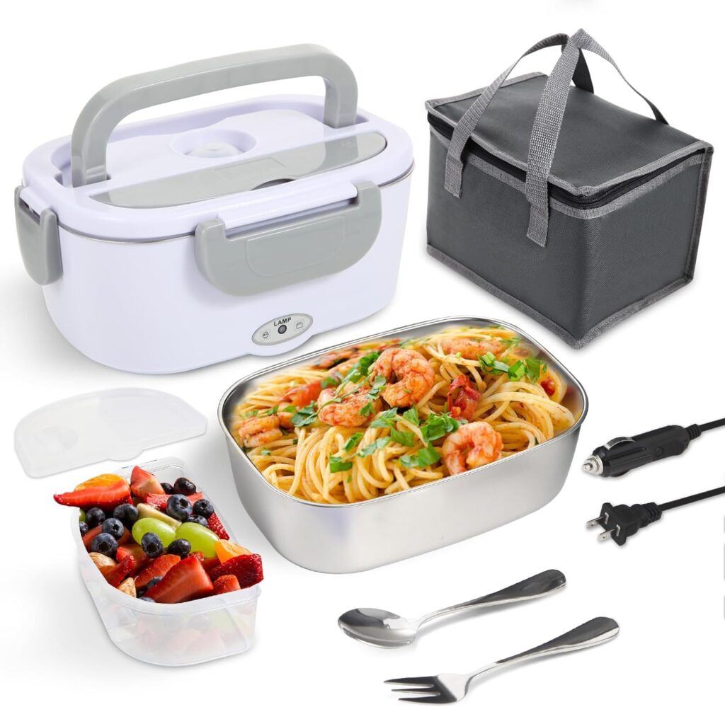 SOHIDA Electric Lunch Box Food Heater, 80W Heated Lunch Box for Adults, 12V 24V 110V Portable Food Warmer LunchBox for Car Truck Work with Removable 304 Stainless Steel Container