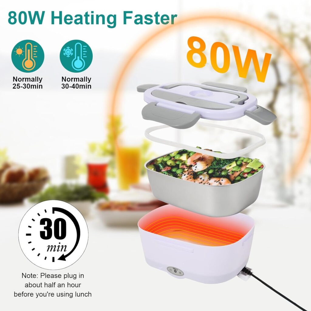 SOHIDA Electric Lunch Box Food Heater, 80W Heated Lunch Box for Adults, 12V 24V 110V Portable Food Warmer LunchBox for Car Truck Work with Removable 304 Stainless Steel Container