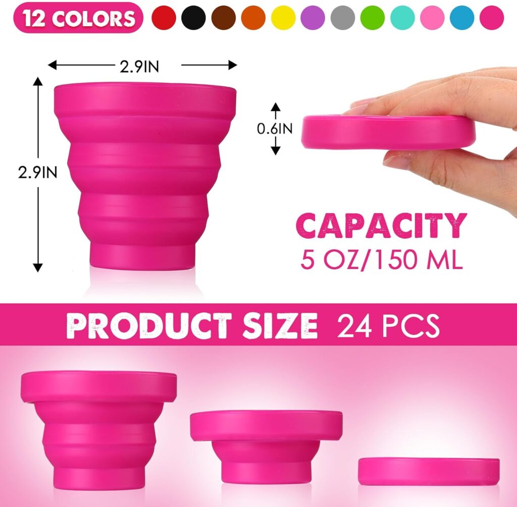 Umigy 24 Pcs Silicone Collapsible Cup Travel Portable Foldable Cup Colorful Reusable Collapsible Shot Cup Expandable Drinking Cup for Kids Traveling Outdoor Hiking, 12 Colors