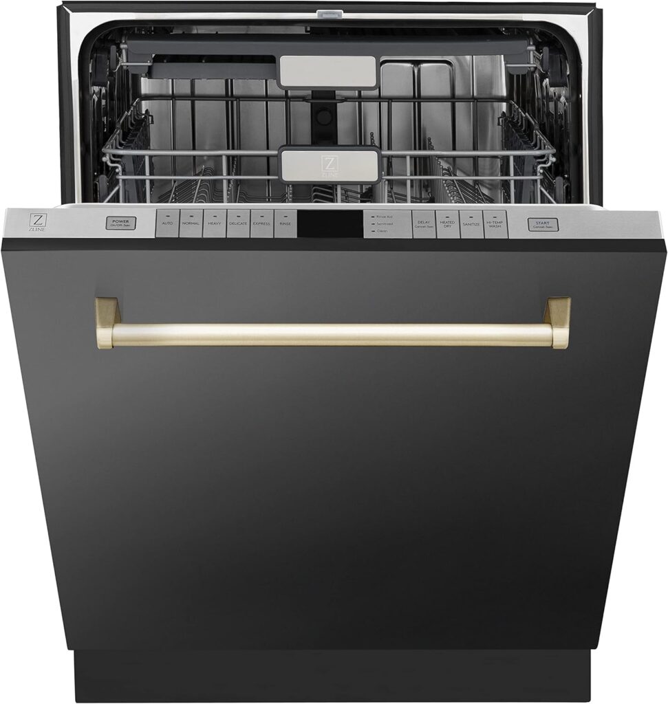 ZLINE Autograph Edition 24 3rd Rack Top Touch Control Tall Tub Dishwasher in Black Stainless Steel with Gold Handle, 45dBa (DWMTZ-BS-24-G)