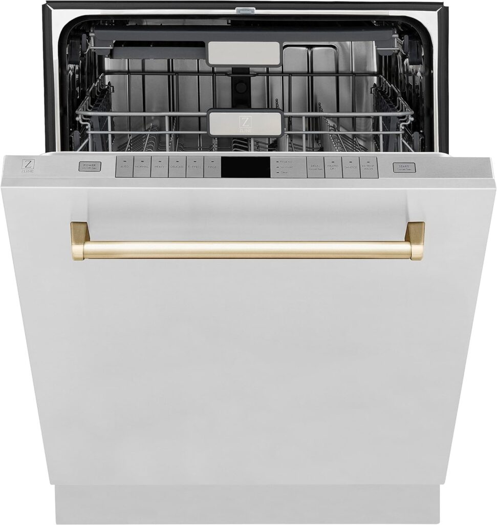 ZLINE Autograph Edition 24 3rd Rack Top Touch Control Tall Tub Dishwasher in Stainless Steel with Gold Handle, 51dBa (DWMTZ-304-24-G)