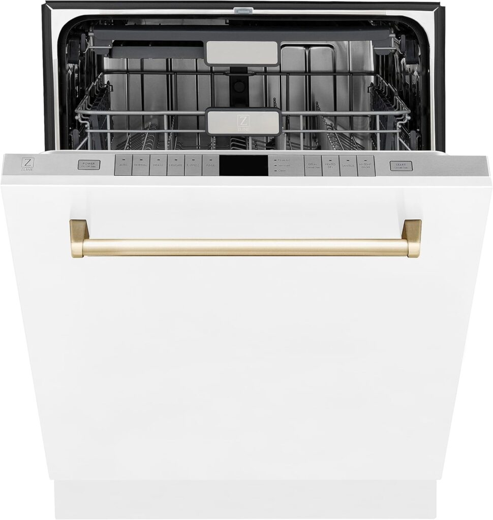ZLINE Autograph Edition 24 3rd Rack Top Touch Control Tall Tub Dishwasher in White Matte with Gold Handle, 51dBa (DWMTZ-WM-24-G)